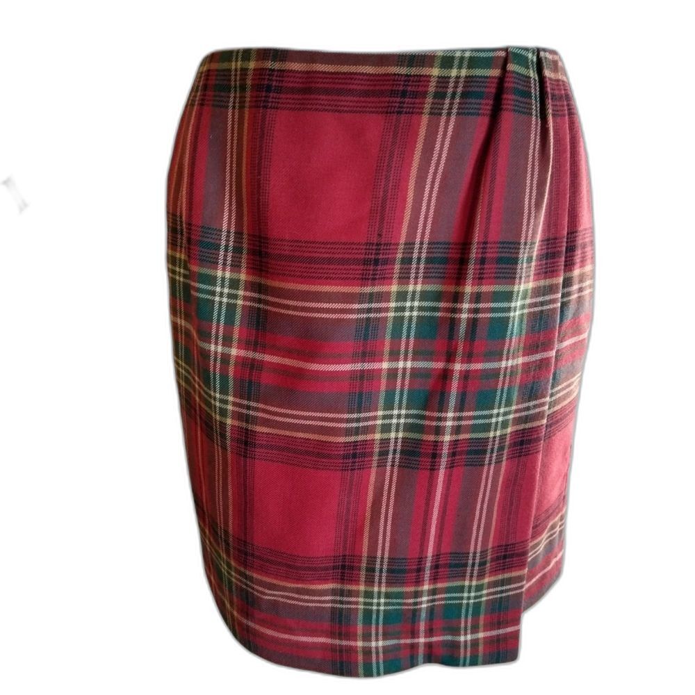 Vintage Lands' End 100% Wool Plaid Faux Wrap Skirt